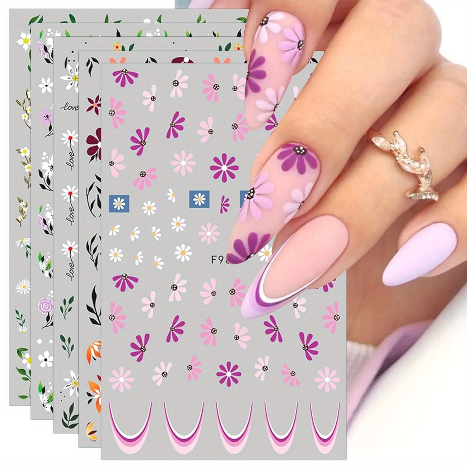 Image of 10 Sheets Of Self-adhesive Floral Nail Art Stickers Featuring Daisies, Perfect For Spring And Summer Nail Designs