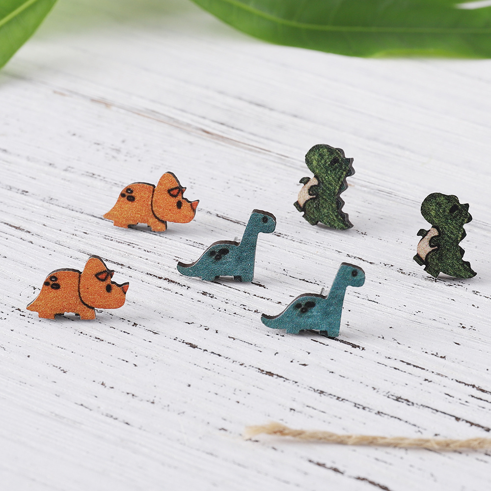 3 Pairs Of Cute Dinosaur Pattern Earrings, Wooden Jewelry , Holiday Gift