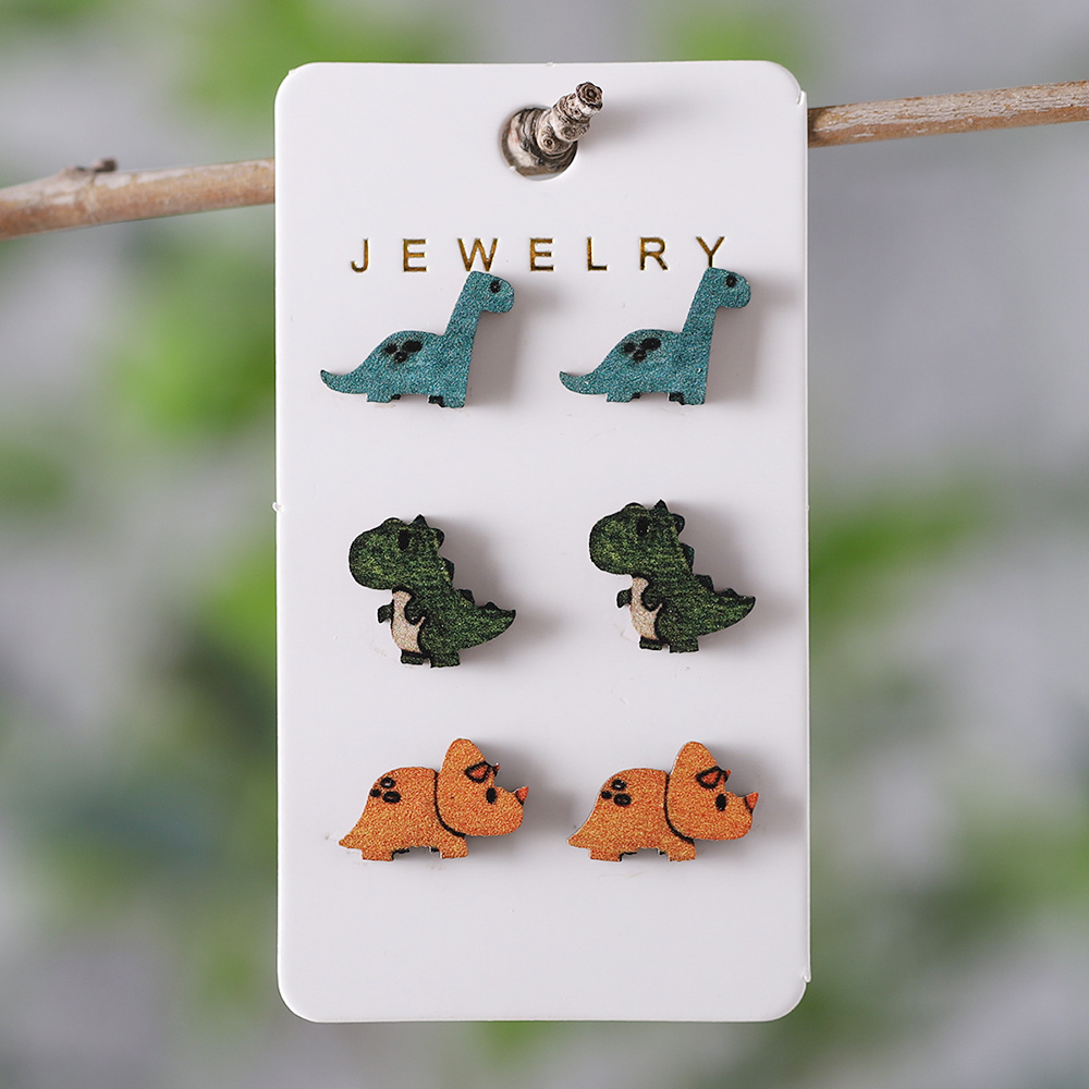 

3 Pairs Of Cute Dinosaur Pattern Ear Wooden Jewelry , Holiday Gift