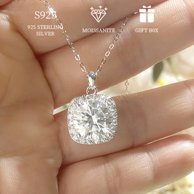 

1pc 5ct 925 Sterling Silver Moissanite Sparkling Big Carat Exquisite Necklace Minimalist Square Pendant Clavicle Chain Versatile Daily Party Banquet Wear Jewelry Gifts For Women