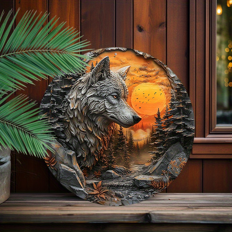 

1pc 8x8inch(20x20cm) Round Aluminum Sign Metal Sign Funny Wolf Vintage Wreath Sign Wall Decor For Home Garden Office Garage