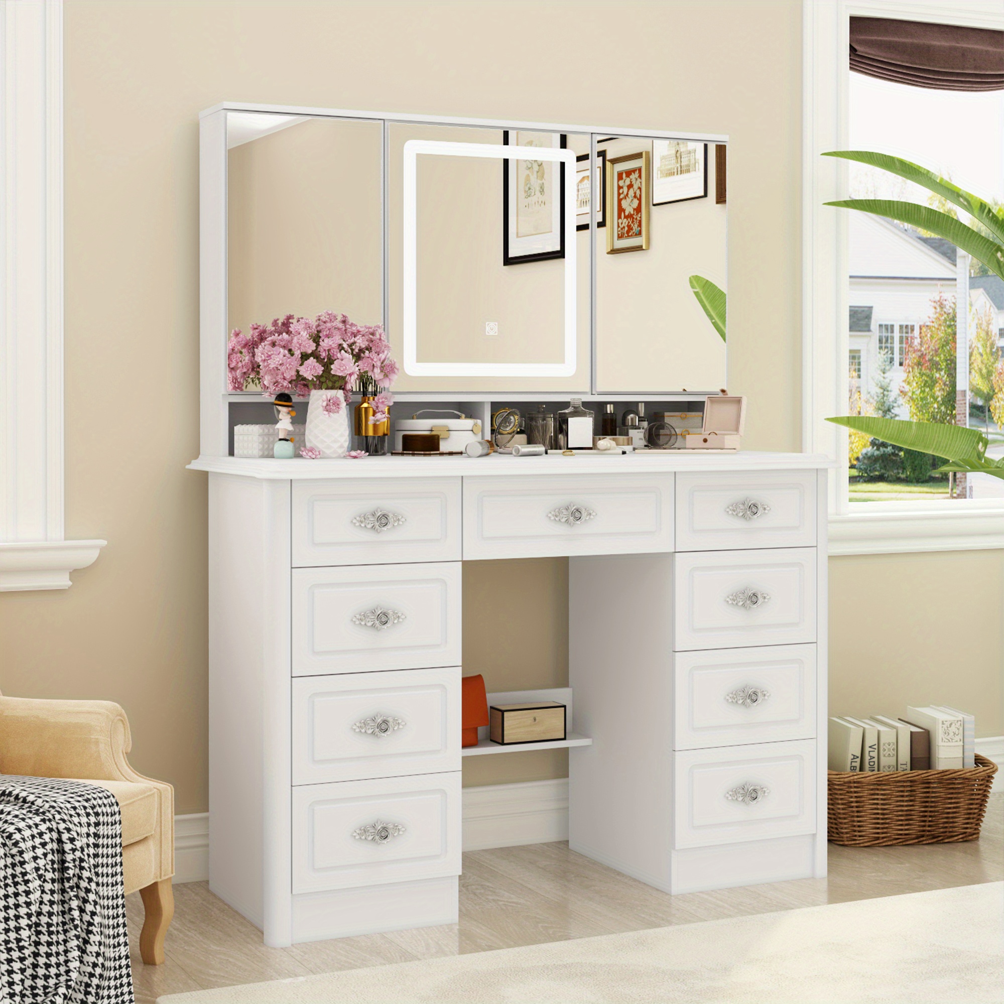 

1pc Vanity Desk Set With Large Led Lighted Mirror & Power Outlet, 9 Drawers Vanities Dressing Makeup Table, For Bedroom