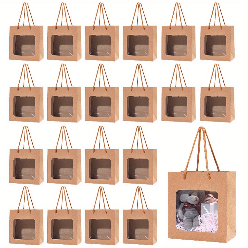50pcs Portable Paper Gift Bags With Pvc Window And Polyester Handles For Bouquet Rectangle 14.9x14x0.4cm : 14.9x14x7.1cm