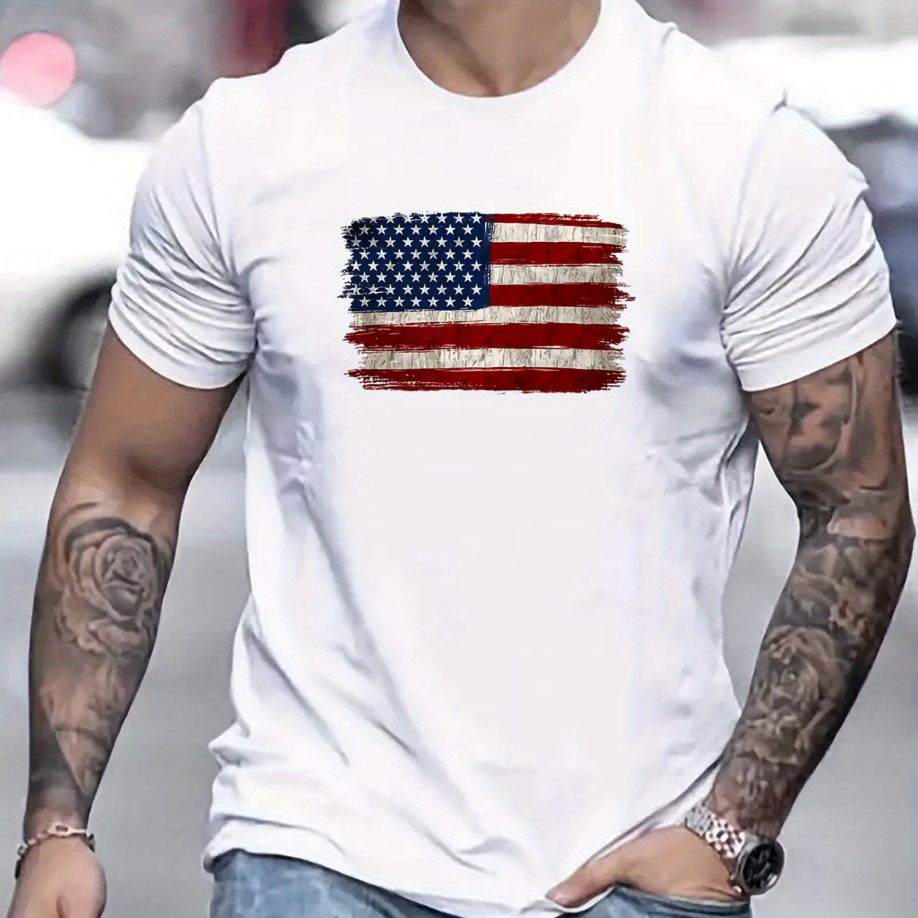 

Us Flag Print Tee Shirt, Tees For Men, Casual Short Sleeve T-shirt For Summer