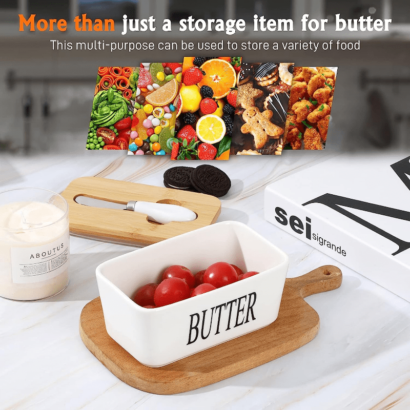 Keramik-Butterdose Mit Bambusdeckel & Messer – 6,4 X 3,9 X 8,9 Cm – Kuh Design, Gefriergeeignet