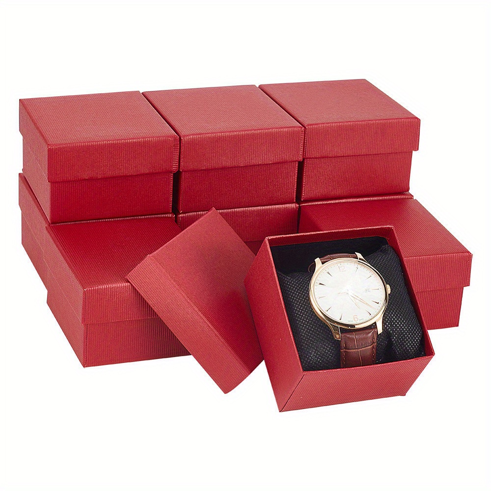 

10pcs/pack Red Square Paper Watch Boxes With Pillow Insert, 8.6x8x5.2cm/3.39x3.15x2.05inch, Elegant Jewelry Gift Storage Case For Wristwatches & Bracelets