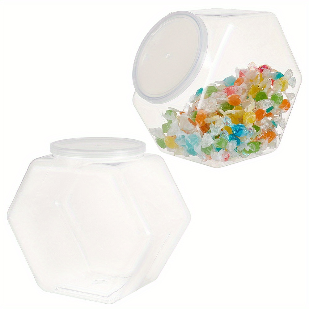 

2pcs Hexagon Transparent Plastic Storage Jar With Lids, Durable Candy Packaging Case, Clear Gift Containers, 16x10.4x18cm/6.3x4.09x7.09inch, Squared Pinch Grip Design, Tight Seal For Freshness