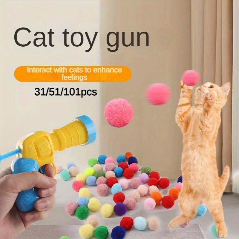 

30/50/100pcs Color Balls And Random Color Gun Cat Toy, Interactive Self-hi Relieving Stuffy Toy, Gun Pompons Launch Gun Mute Polyester High Elastic Fur Ball Cat Teaser