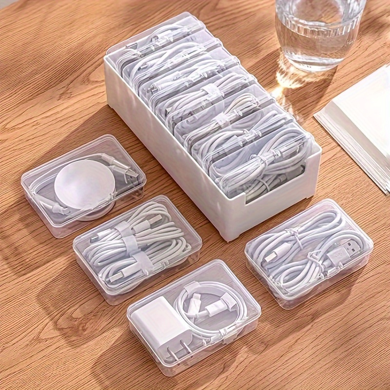 

1set Plastic Data Cable Storage Box, Charger Organizer Winder, Desktop Cable Management, Power Charging Cord Holder, Clear Container For Home And Office Use