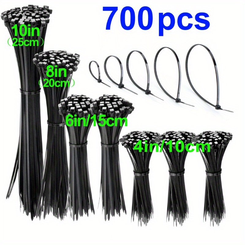 

700pcs Mixed Cable Ties Set, 4in (300pcs)+6in (200pcs)+8in/10in (100pcs Each), Industrial Nylon Small Uv-resistant Cable Ties, Black Self-locking Heavy Duty Zipper Cable Management