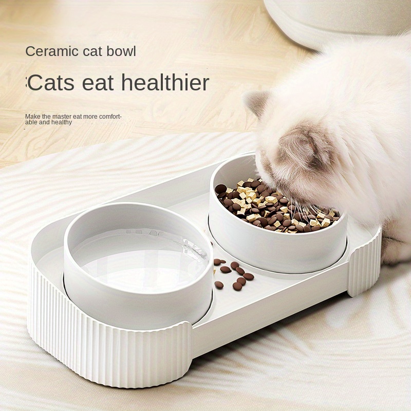 

Elevated Ceramic Cat Double Bowls With Feeder Stand, Anti-overturning Raised Cat Food And Water Feeder Bowls For Neck Protection