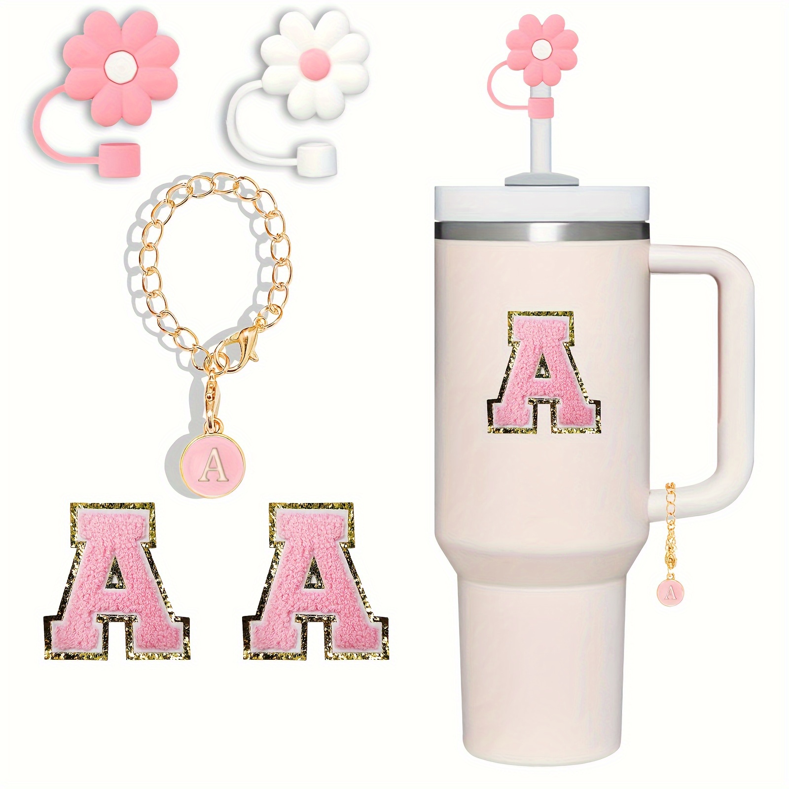 

5pcs/set Cup Accessories, Including 2pcs Reusable Dustproof Straw Plugs, 1pc Initial Letter Charm, And 2pcs Chenille Letter Patches For 30oz/40oz Tumbler