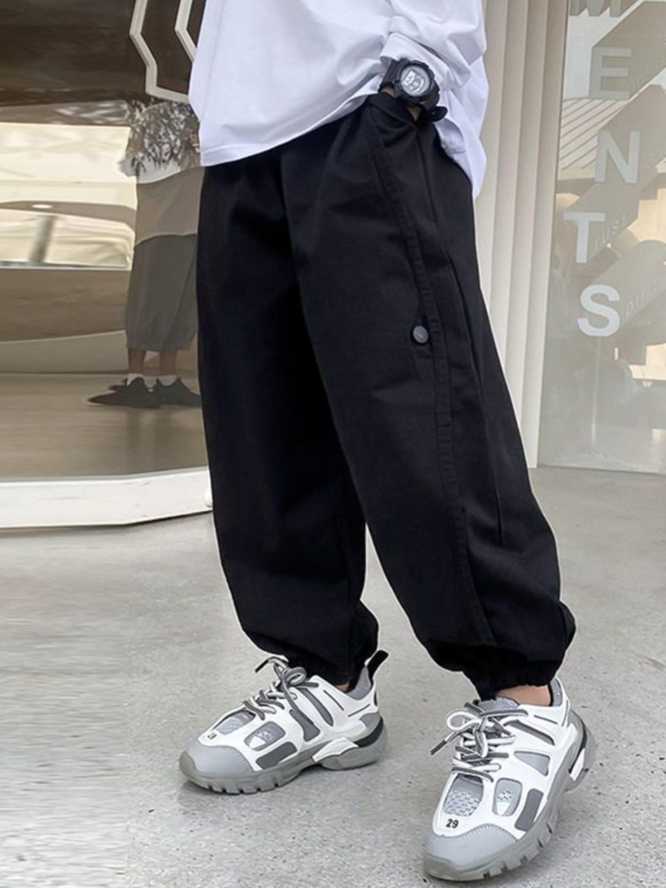 boys' cargo pants elastic waist with belt loops, non-stretch
