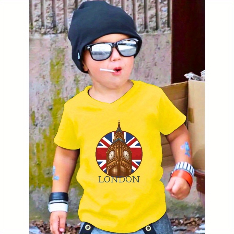 

London Big Ben Print Boy's Creative Cotton T-shirt, Casual Short Sleeve Crew Neck Pullover Top Summer Clothing