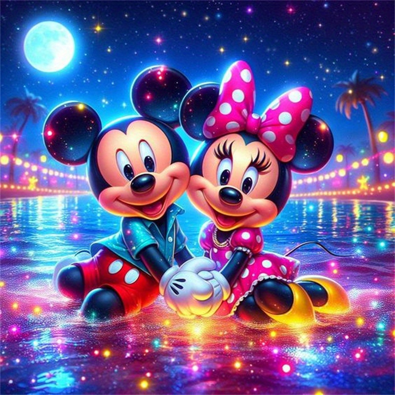 

Authorized Diamond Art Painting Kit, 5d Diy, Featuring Mickey Mouse, Mouse, And The Moon Holding Hands. A Perfect Gift For Decorating Your Room Or Home. Size: 40x40cm/15.75x15.75in.