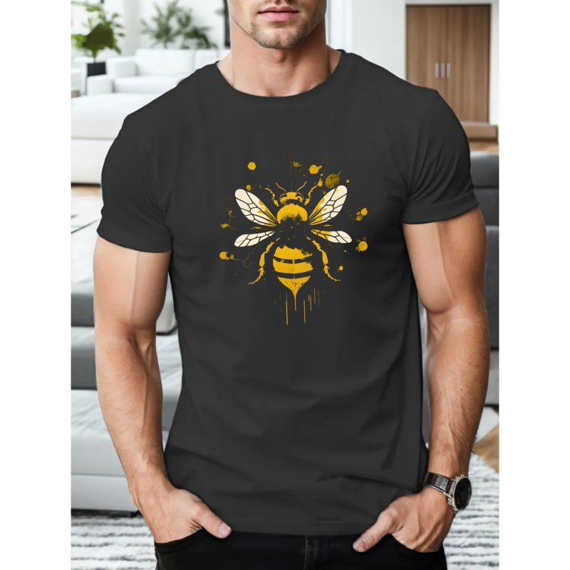 

Bee Graphic Print Men's Creative Top, Casual Short Sleeve Crew Neck T-shirt, Men's Clothing For Summer Outdoor