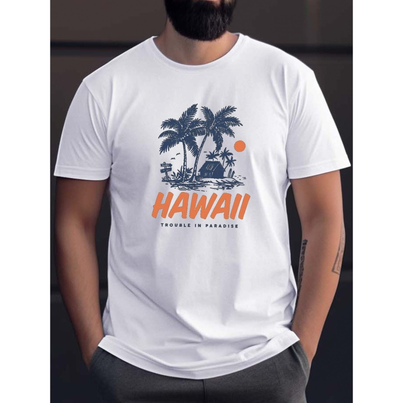

Landscape Surf Hawaii Print Short Sleeve Tees For Men, Casual Crew Neck T-shirt, Comfortable Breathable T-shirt