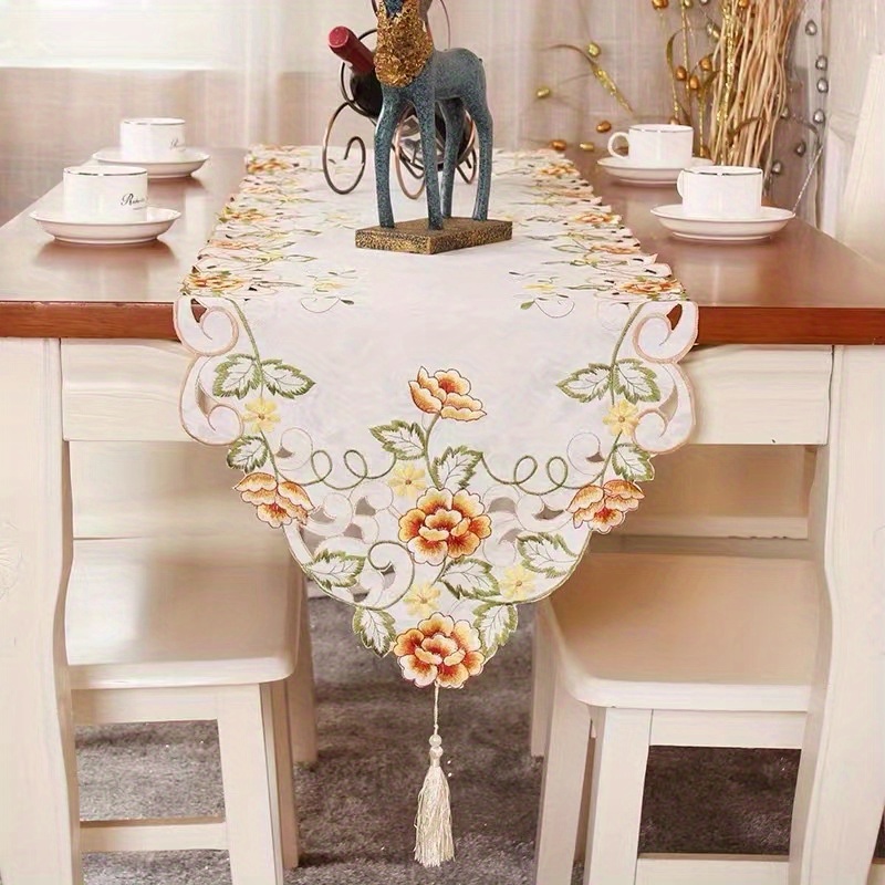 elegant floral embroidered table runner tassel white Temu Oman