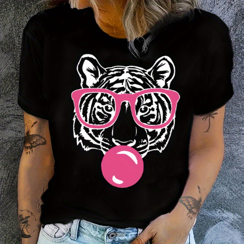 

Cartoon Tiger Print T-shirt, Casual Crew Neck Short Sleeve Top For Spring & Summer, Women's Clothing