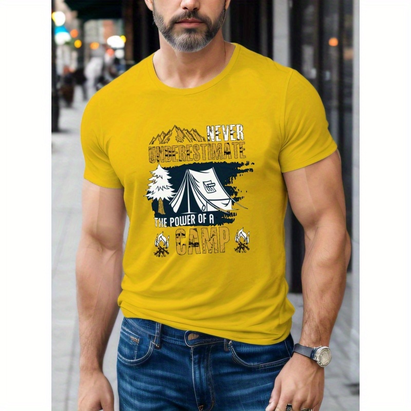 

Men's Camp Print Short Sleeve T-shirts, Comfy Casual Elastic Crew Neck Tops For Men's Outdoor Activities