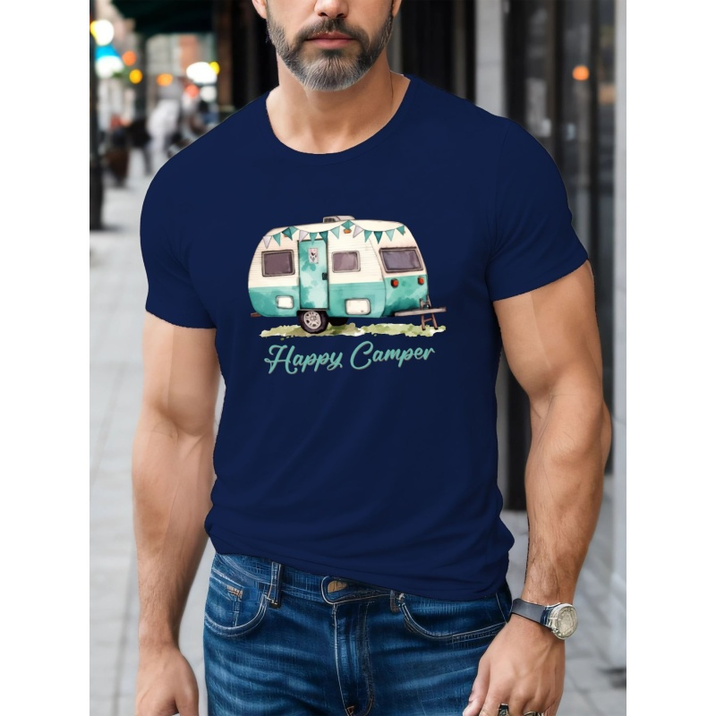 

Happy Camper Print Crew Neck T-shirt For Men, Casual Short Sleeve Top, Men's Clothing