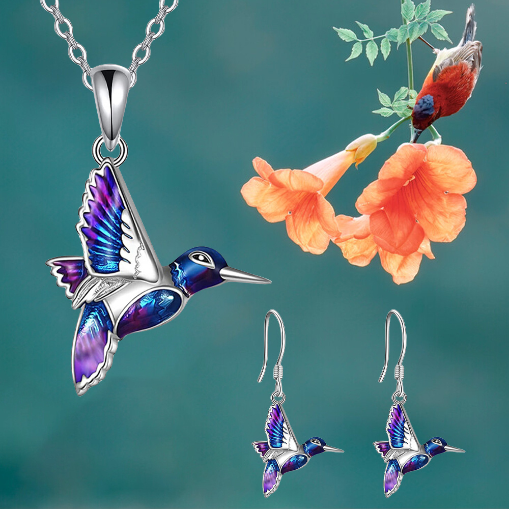 3pcs hummingbird jewelry set fashion blue   necklace and earrings gift set perfect for birthday presents for family and friend details 1