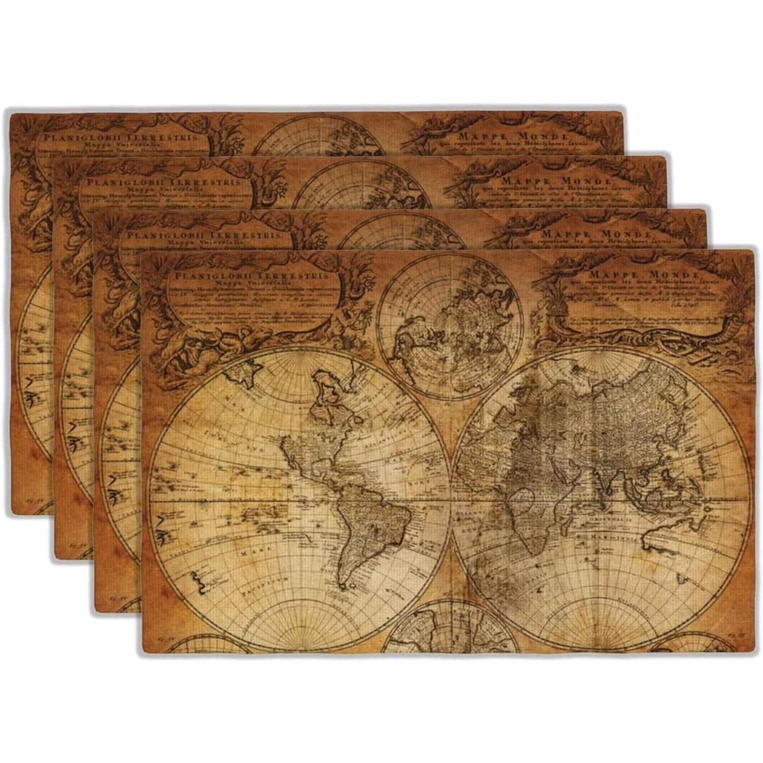 

4pcs, Table Pads, Vintage World Map Placemats Set, Old Paper Retro Style Decorative Dining Place Mats, Nostalgic Historical Art Printed Table Mat, Heat-resistant Rectangle Table Decor