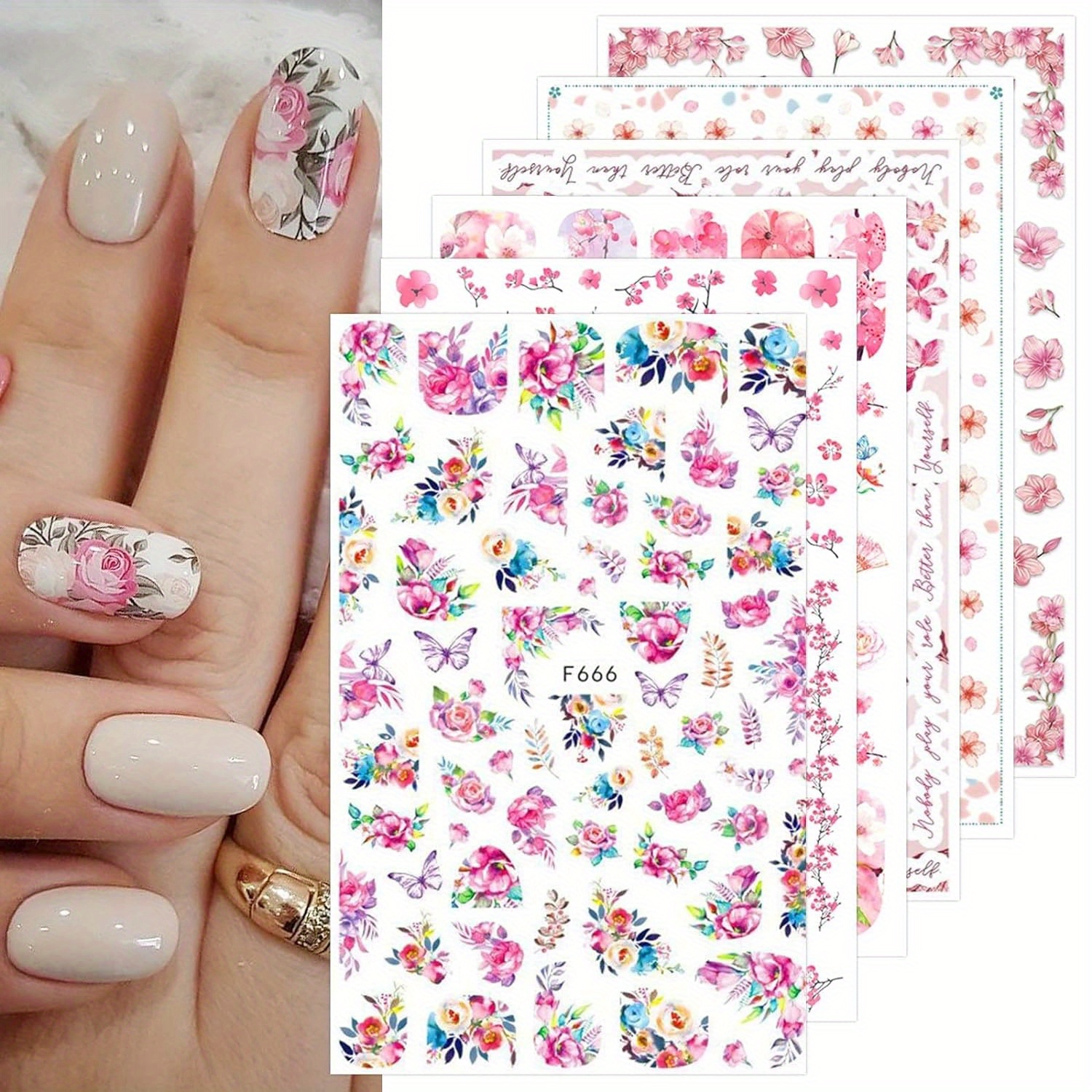 Image of 10 Sheets Spring Flower Nail Art Stickers Self Adhesive Summer Leaves Nail Supplies Nail Art Accessories
