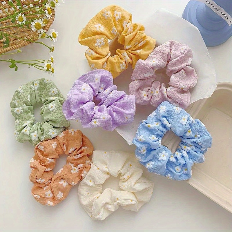 

7pcs Elegant Flower Pattern Printed Large Intestine Hair Loops Macaron Color Ponytail Holders Trendy Hair Accessories For Women And Girls Wear