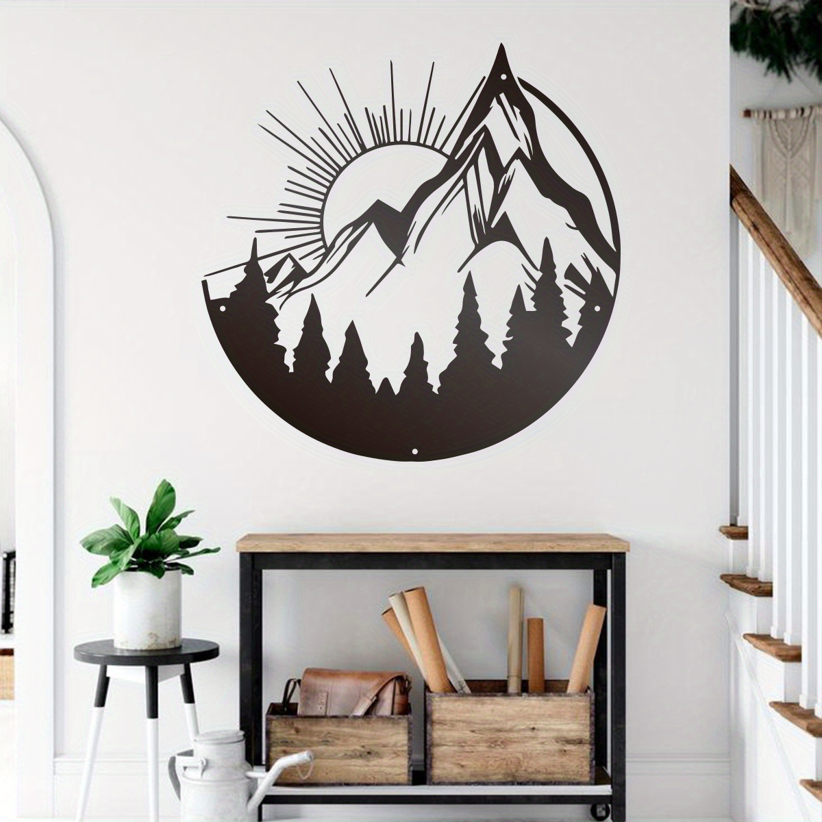 

1pc Metal Mountain & Sunset Wall Art, Circular Nature-inspired Modern Outdoor Wall Decoration, Artistic Metal Home Decor, Elegant Room Accent, Rustic Wall Hanging Piece