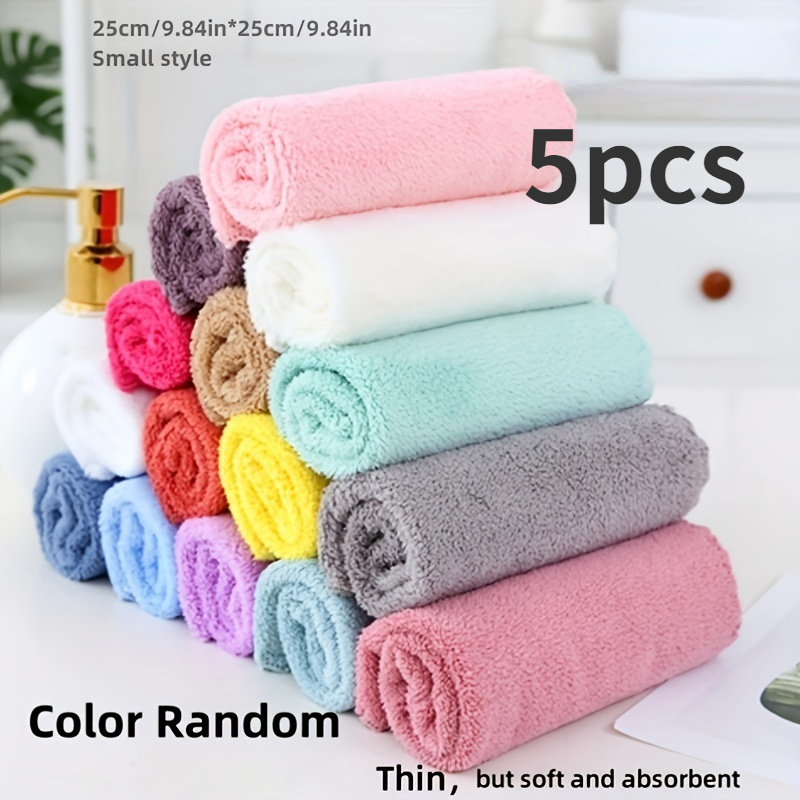 TEMU 5pcs Set Of Coral Velvet Face Towels, Soft Absorbent, Random Color, Thin Comfortable, Suitable For Bathroom And Cleaning Use Of Multifunctional