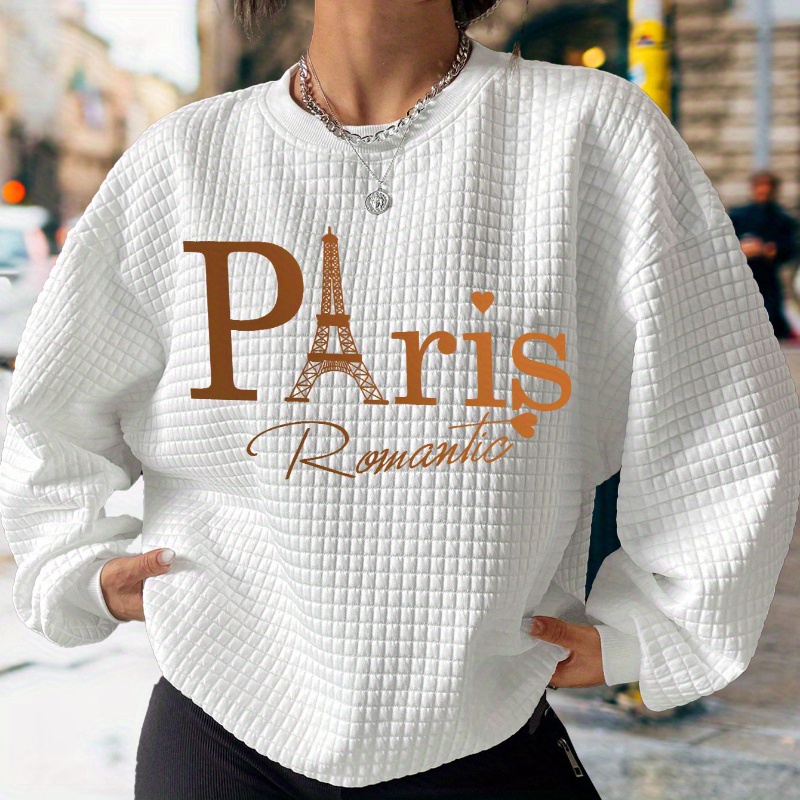

Paris Letter Print Waffle Sweatshirt, Casual Long Sleeve Crew Neck Sweatshirt, Women's Clothing