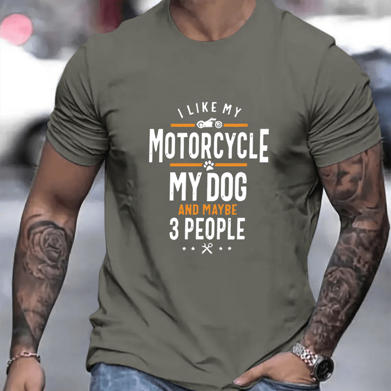 

Motorcycle My Dog 3 People Print, Men's Comfy T-shirt, Casual Fit Tee, Cool Top Clothing For Men For Summer For Everyday Activities