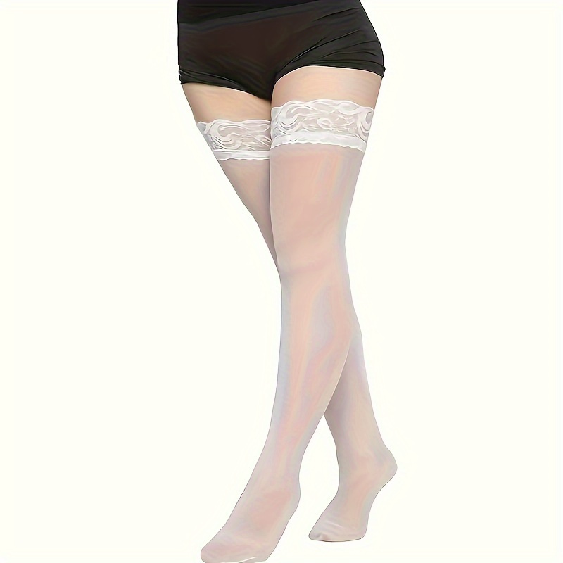Women's Elegant Lace Trim Thigh High Stockings - Slim Fit Mesh Over-The-Knee Socks, Hand Wash Only, Solid Color Fashion Hosiery for Versatile Wear, Formal Accessory, Floral Pattern Detailing, Smooth Stretchy Fabric