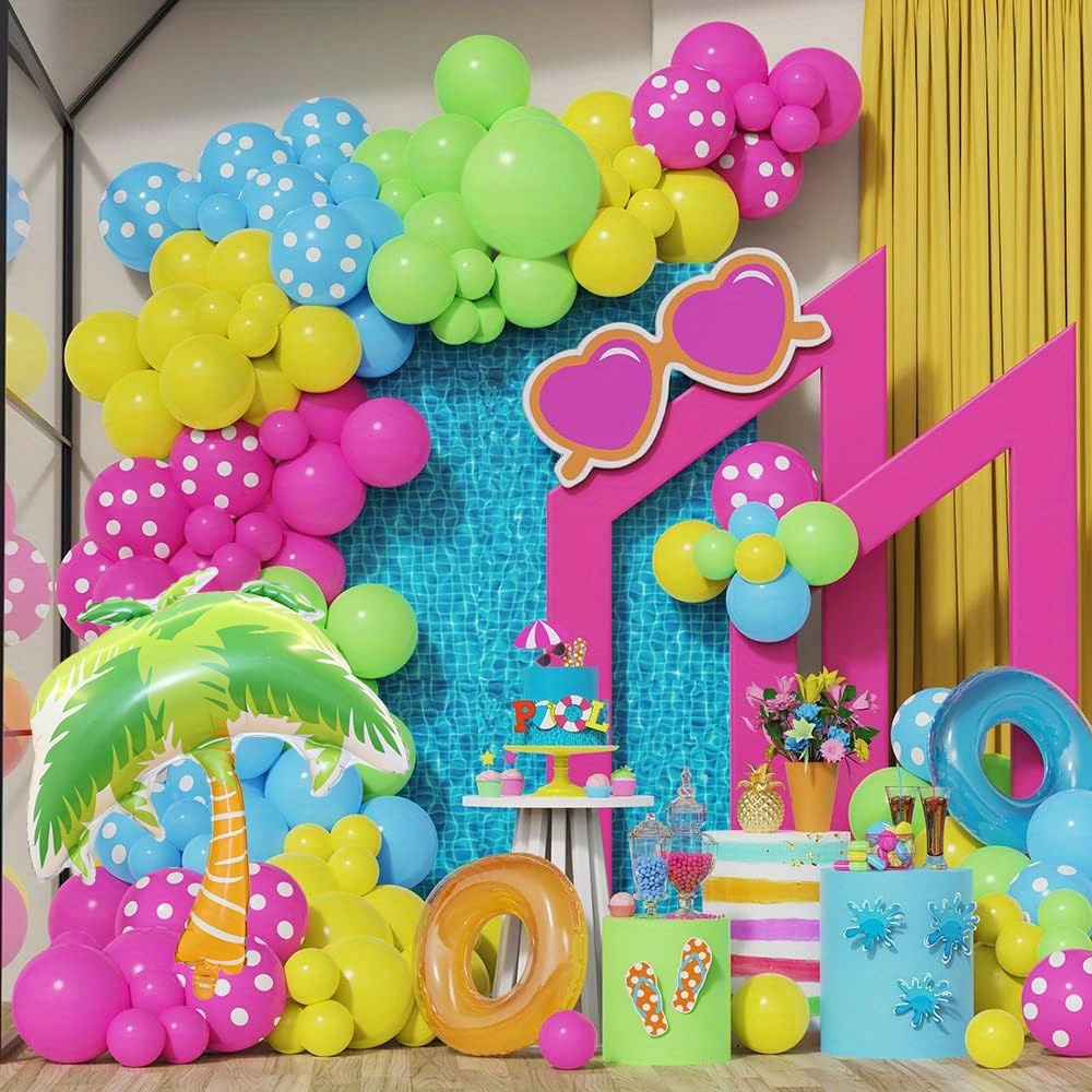 135pcs Summer Pool Beach Balloon Arch Kit With Hot * Light Green, Blue  Yellow Latex Balloons And Coconut Tree Aluminum Film Balloons Are Suitable