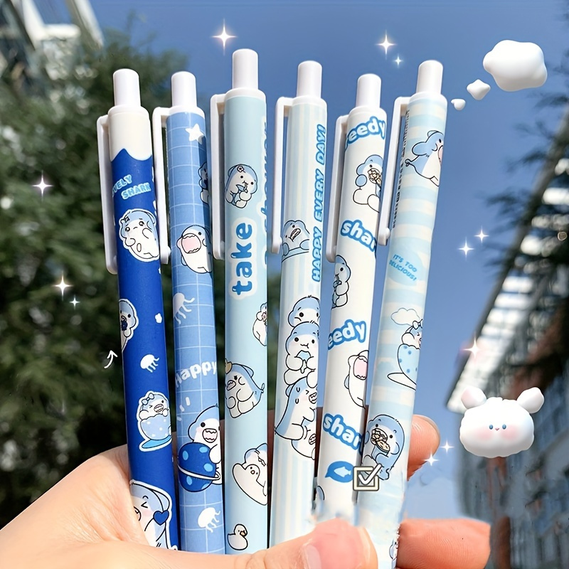 

6pcs/set, Cartoon Shark Press Pen 0.5mm Black Bullet Pen Stationery, Back To School, School Supplies, Kawaii Stationery, Colors For School, Stationery, Writing Pens, Back To School