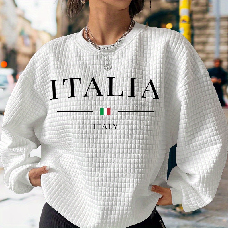 

Italy Letter Print Waffle Sweatshirt, Casual Long Sleeve Crew Neck Sweatshirt, Women's Clothing