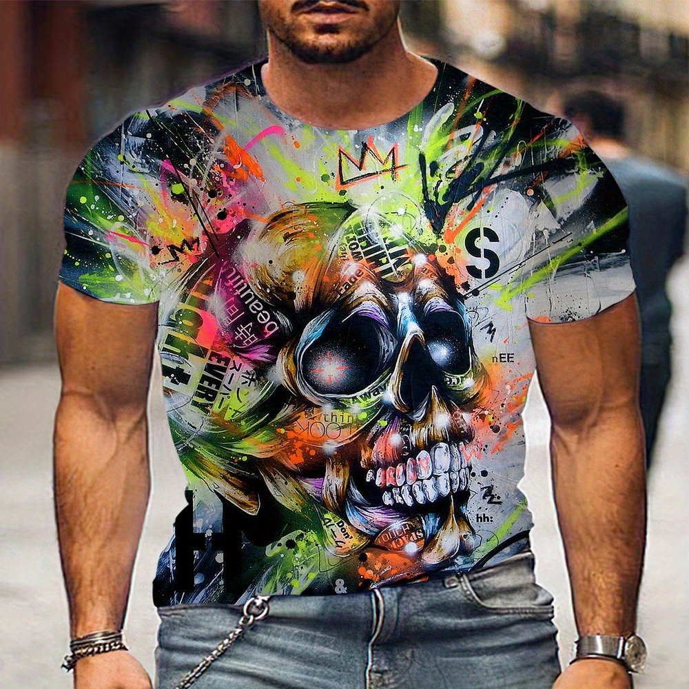 

3d Punk Style Print Men's Fashion Short Sleeve Crew Neck T-shirt, Summer Outdoor
