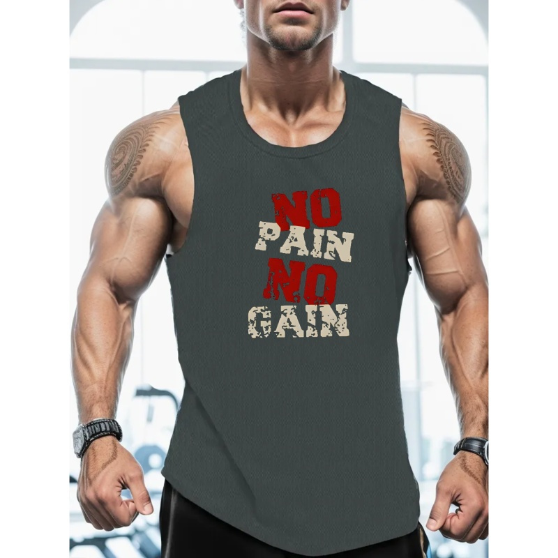 

No Pain No Gain Print Men's Summer Quick Dry Moisture-wicking Breathable Tank Tops Athletic Gym Bodybuilding Sports Sleeveless Shirts, For Workout Running Training Men's Clothes