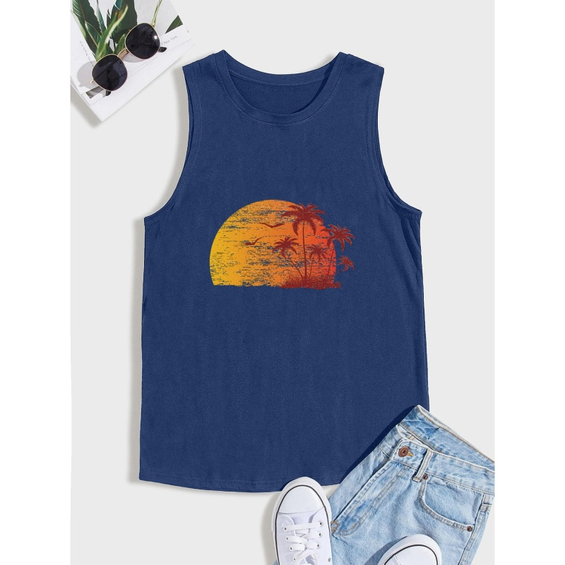 

Plus Size Men's Summer Coconut Trees Graphic Print Tank Top, Breathable Quick Dry Sleeveless Tees For Sports/fitness