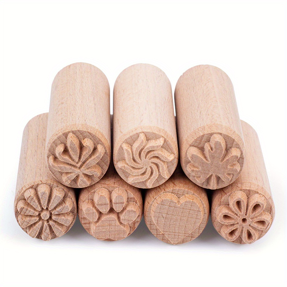 

7pcs Wood Pottery Tools Stamps Column Wooden Stamps Wood Stamps With Mixed Patterns For Clay Christmas Birthday Gift 50 X 20mm