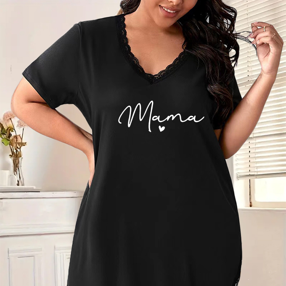 

Women's Plus Mother's Day Casual Sleep Dress, Plus Size Letter & Heart Print Contrast Lace Trim V Neck Nightdress