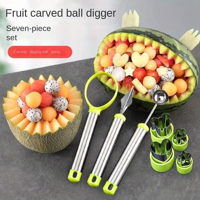 3 4 7pcs stainless steel fruit carving tool set melon baller scoop kit with cookie cutters vegetable fruit shaping mold garnishing carver for salad platter decor