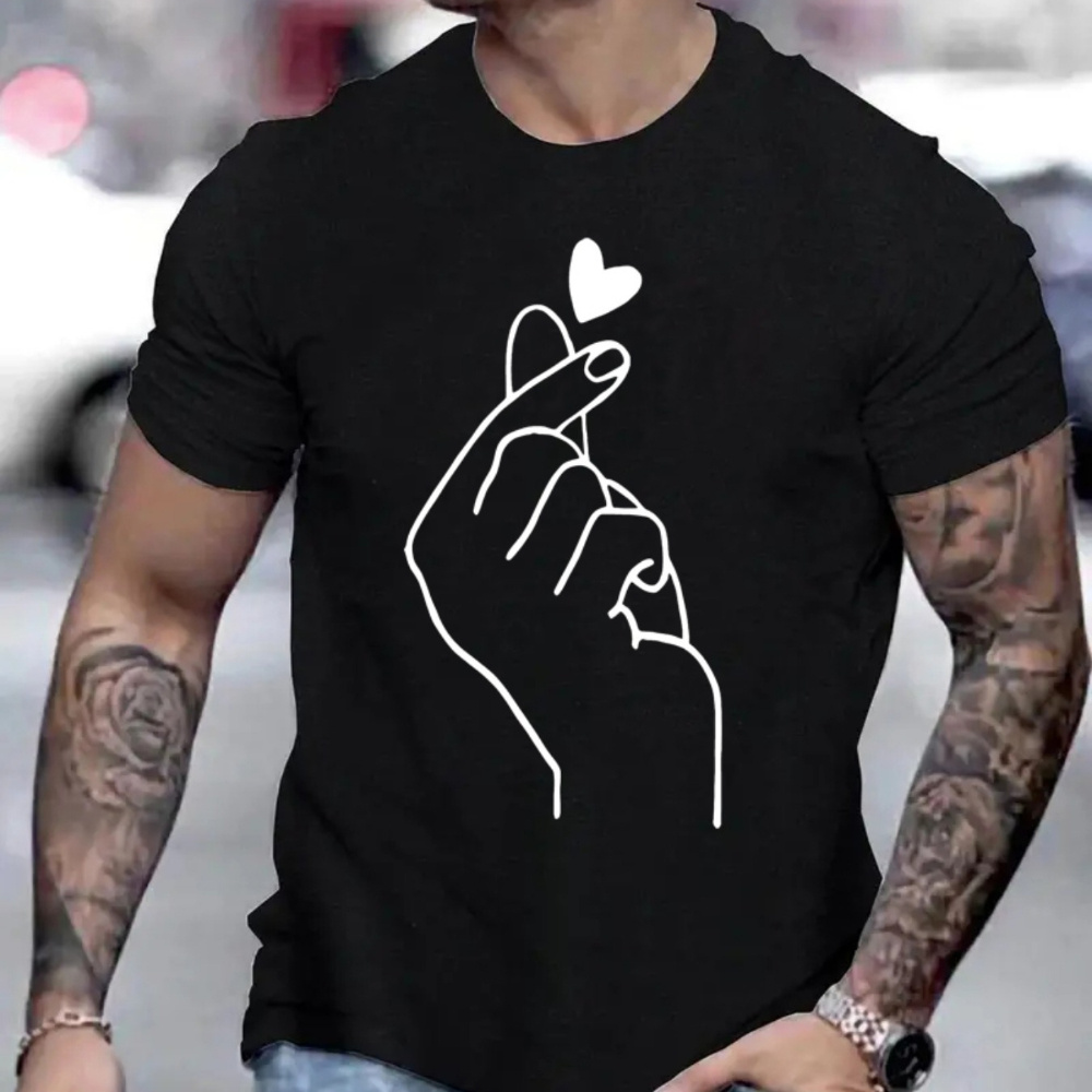 

Gesture Print Men's Crew Neck Fashionable Short Sleeve Sports T-shirt, Comfortable And Versatile, For Summer And Spring, Athletic Style, Comfort Fit T-shirt, As Gifts