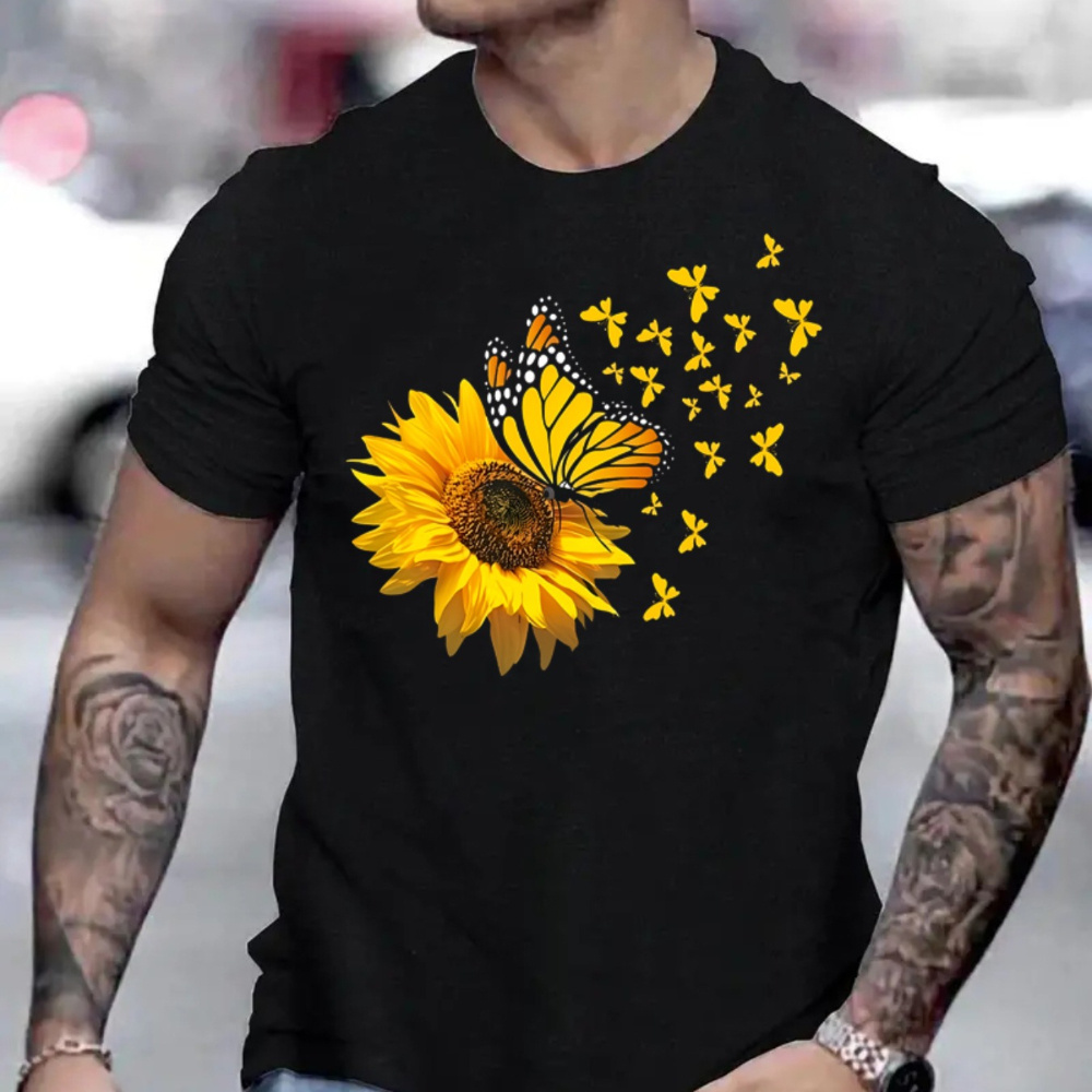 

Sunflower And Butterfly Print Men's Crew Neck Fashionable Short Sleeve Sports T-shirt, Comfortable And Versatile, For Summer And Spring, Athletic Style, Comfort Fit T-shirt, As Gifts