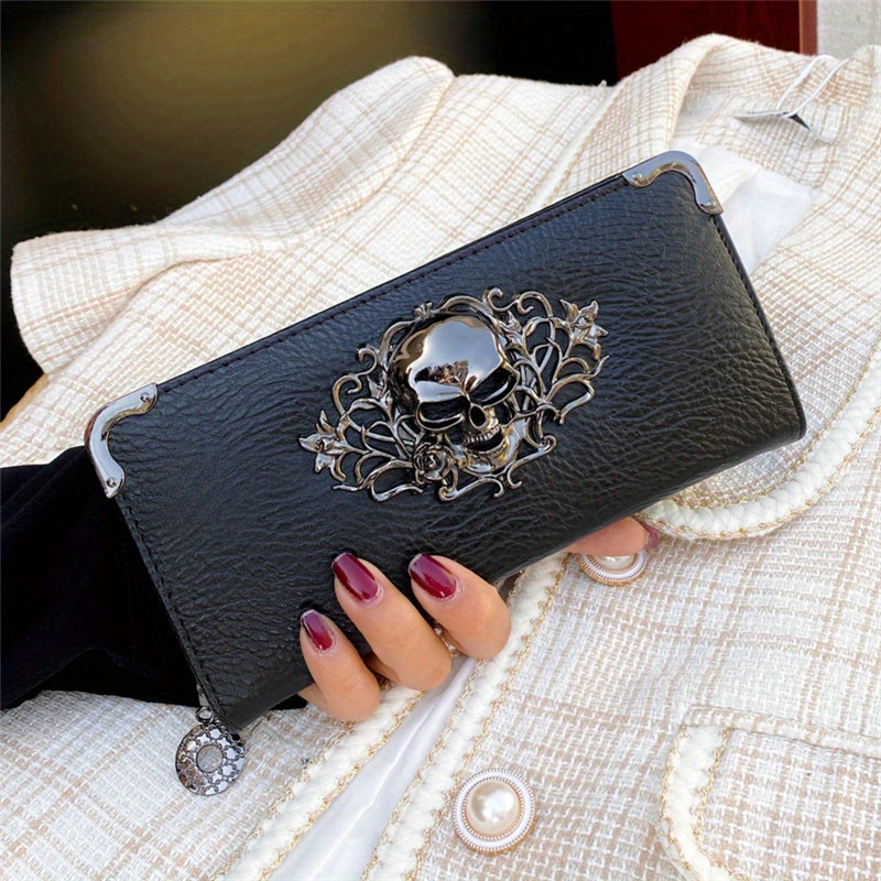 

Trendy Punk Style Ling Clutch Wallet, With Skull Decor, Black Elegant Coin Purse For Women