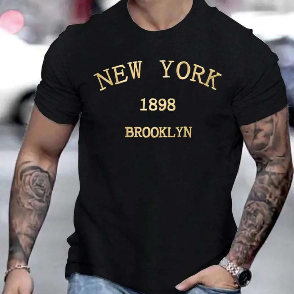 

New York Print Men's Crew Neck Fashionable Short Sleeve Sports T-shirt, Comfortable And Versatile, For Summer And Spring, Athletic Style, Comfort Fit T-shirt, As Gifts