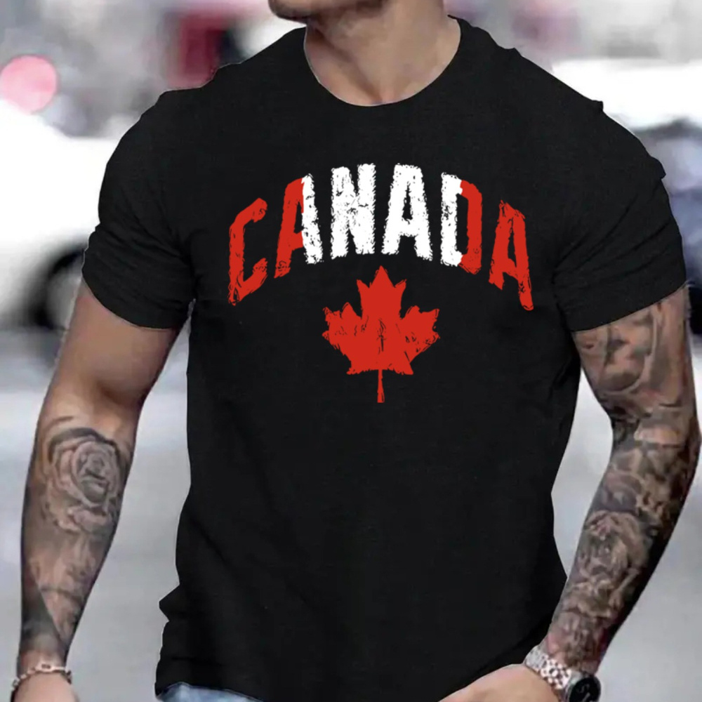 

Canada Print Men's Crew Neck Fashionable Short Sleeve Sports T-shirt, Comfortable And Versatile, For Summer And Spring, Athletic Style, Comfort Fit T-shirt, As Gifts