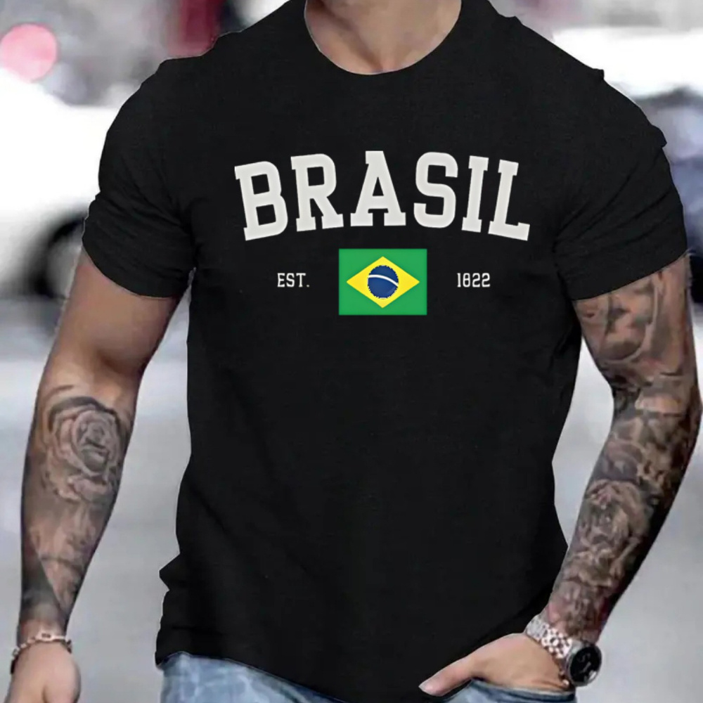 

Brasil Print Men's Crew Neck Fashionable Short Sleeve Sports T-shirt, Comfortable And Versatile, For Summer And Spring, Athletic Style, Comfort Fit T-shirt, As Gifts