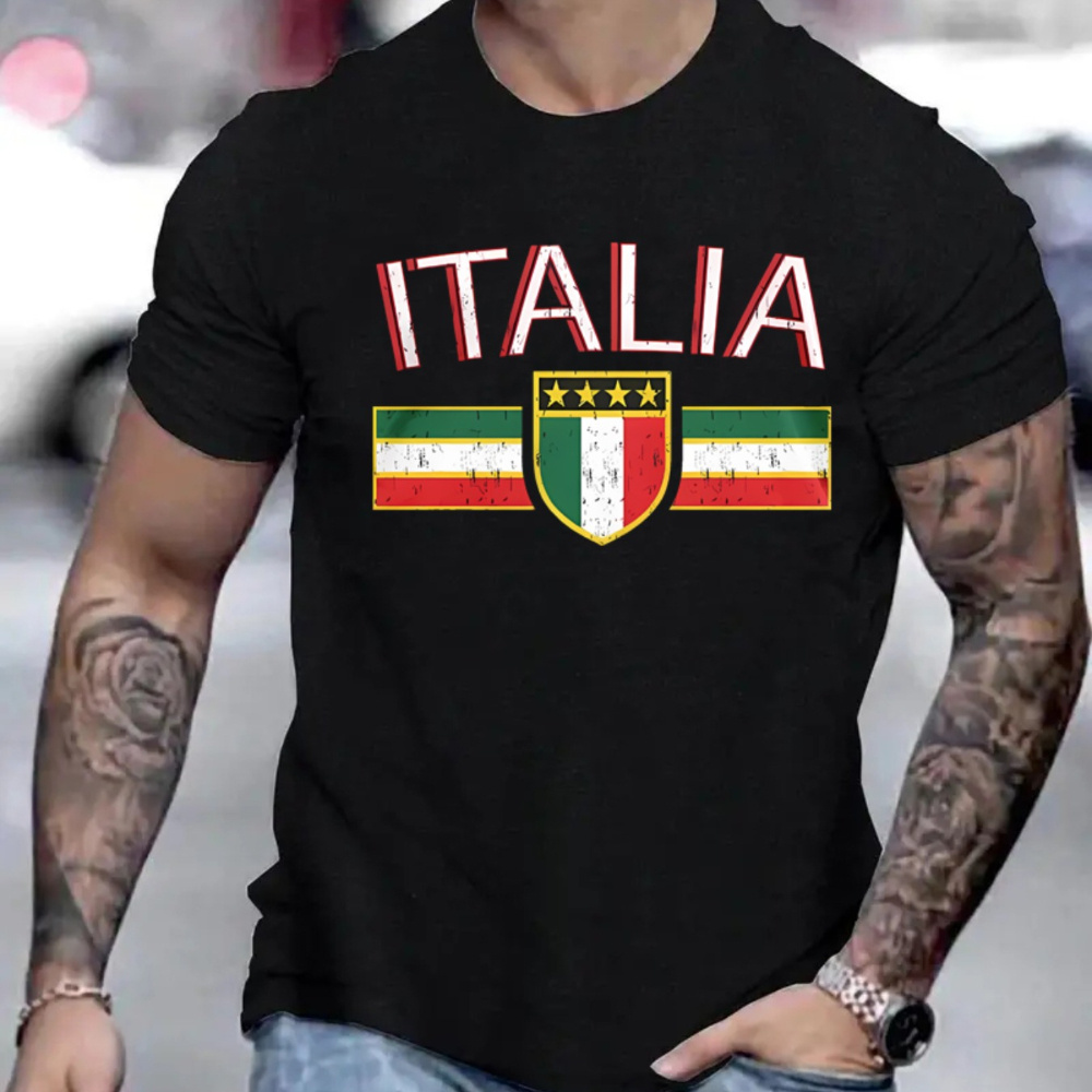 

Italia Print Men's Crew Neck Fashionable Short Sleeve Sports T-shirt, Comfortable And Versatile, For Summer And Spring, Athletic Style, Comfort Fit T-shirt, As Gifts